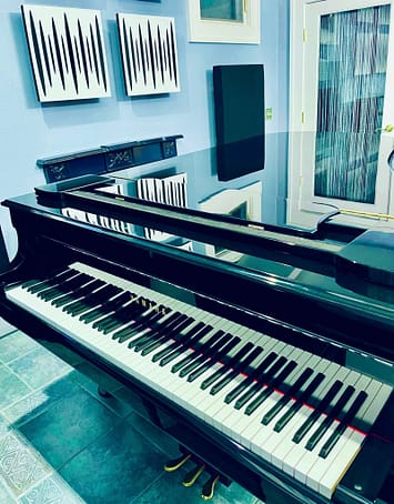 Player's view of the keyboard of a Yamaha C7 grand piano in Silver Moon Sound's studio